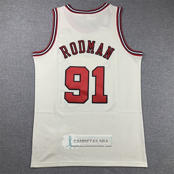 Camiseta Chicago Bulls Dennis Rodman NO 91 Mitchell & Ness Chainstitch Crema